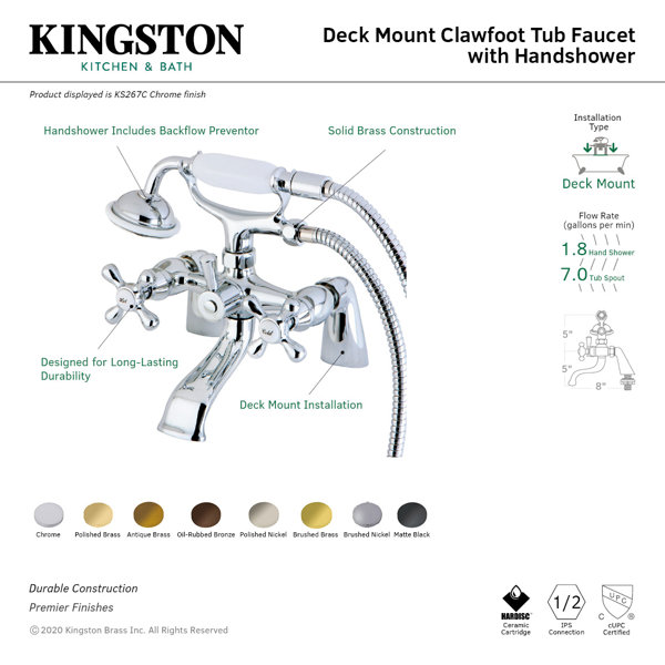 Kingston Brass Kingston Triple Handle Deck Mounted Clawfoot Tub Faucet